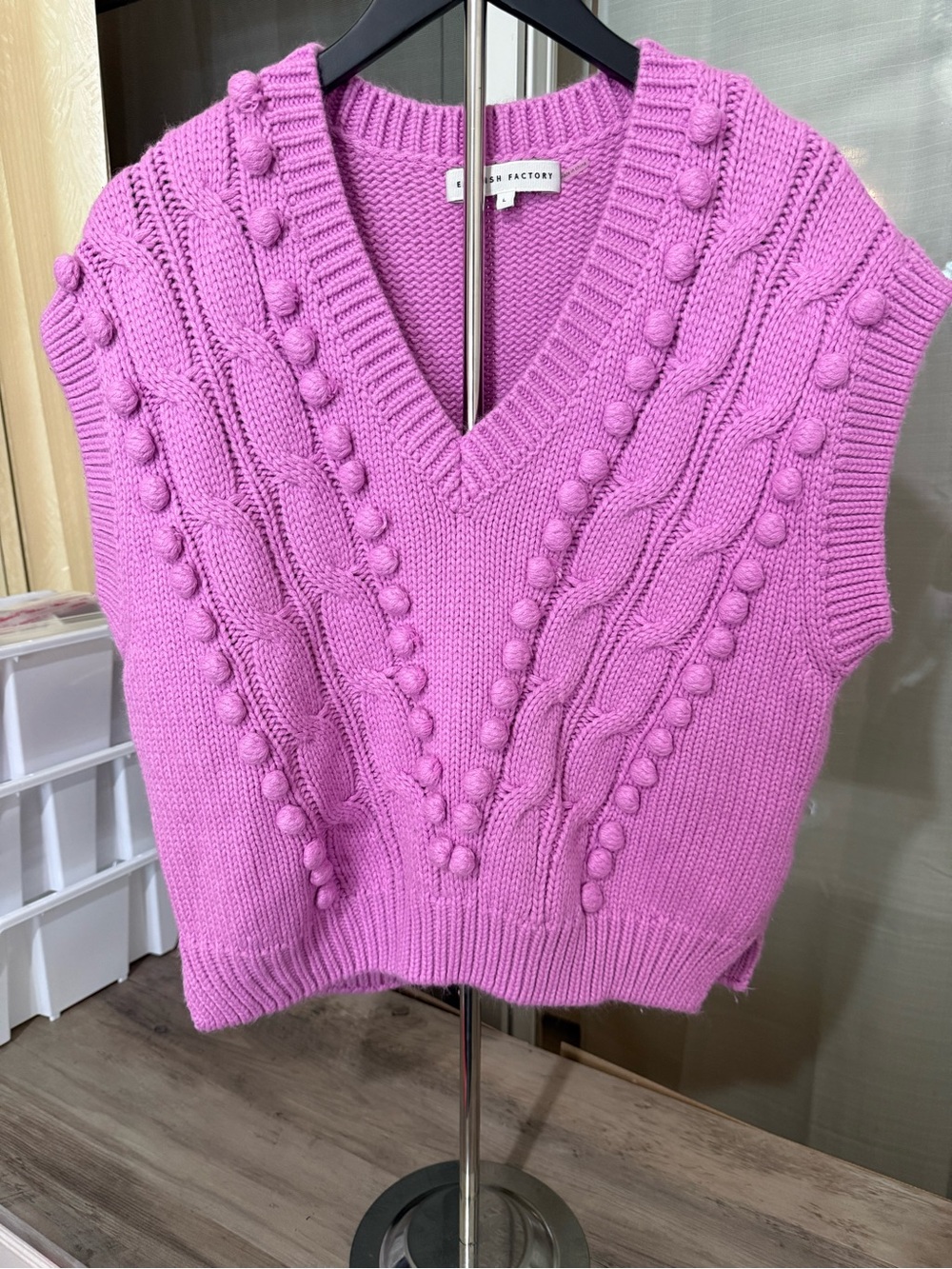 English Factory Pink Pom-Pom Cable-Knit V-Neck Sweater Vest